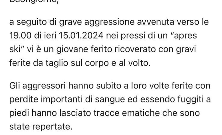 Accoltellato in un “apres ski” di Madonna di Campiglio: appello dei Carabinieri