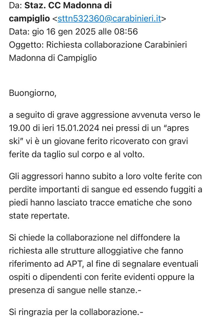 Accoltellato in un “apres ski” di Madonna di Campiglio: appello dei Carabinieri