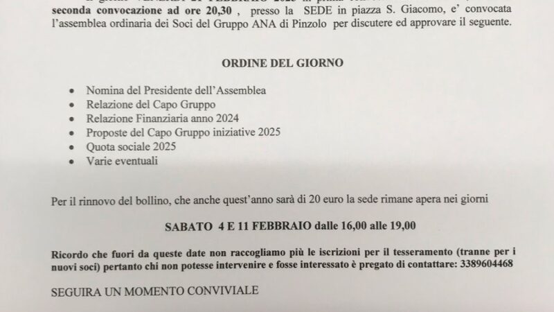 Pinzolo Venerdì 21 febbraio ore 20.30: Gruppo Alpini Pinzolo “Assemblea Ordinaria”