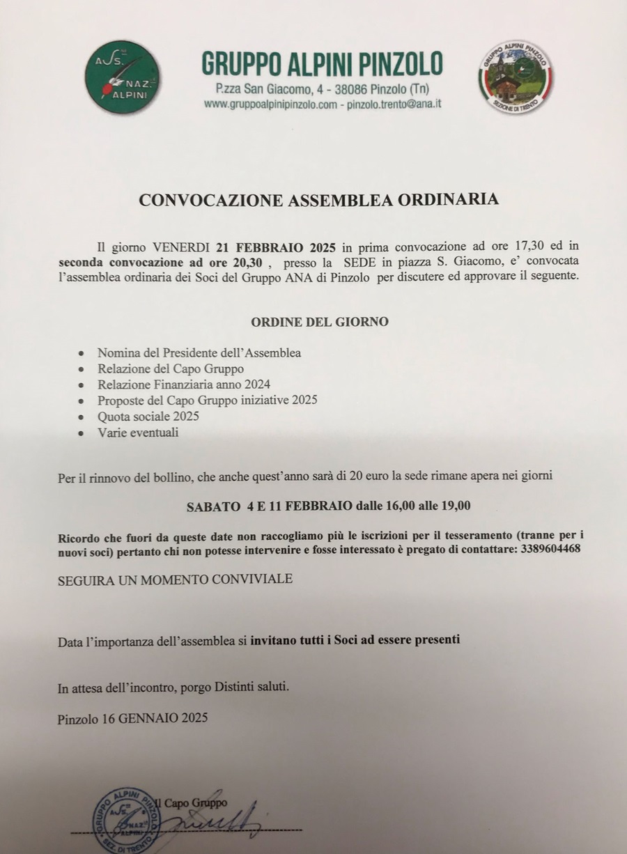 Pinzolo Venerdì 21 febbraio ore 20.30: Gruppo Alpini Pinzolo “Assemblea Ordinaria”