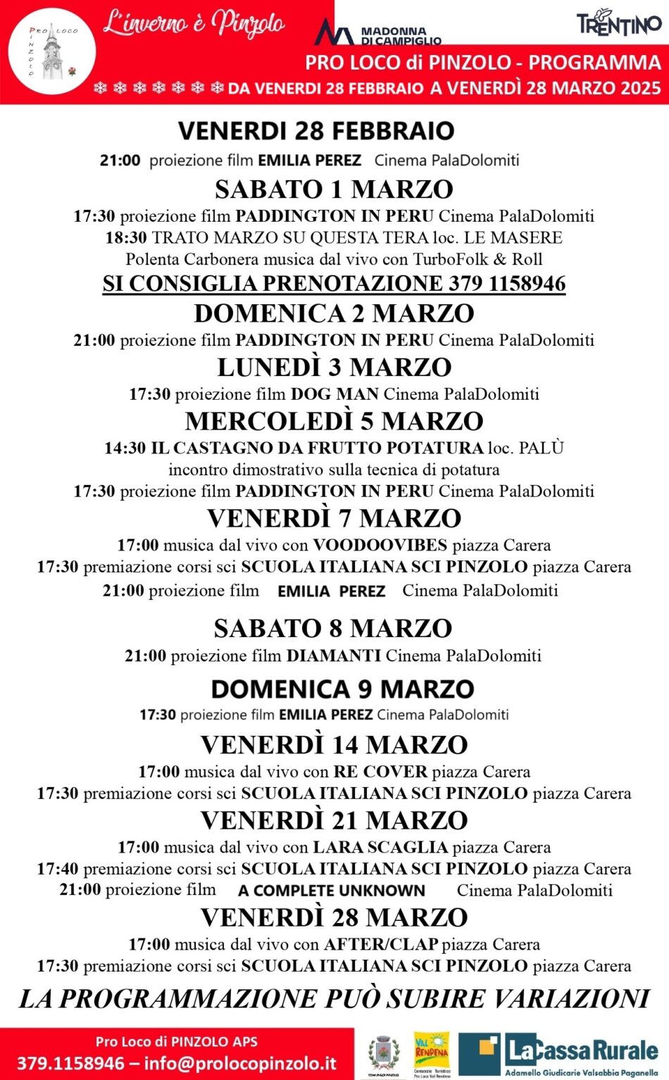 L’Inverno è Pinzolo: Programma da Venerdì 28 febbraio a Venerdì 31 marzo 2025