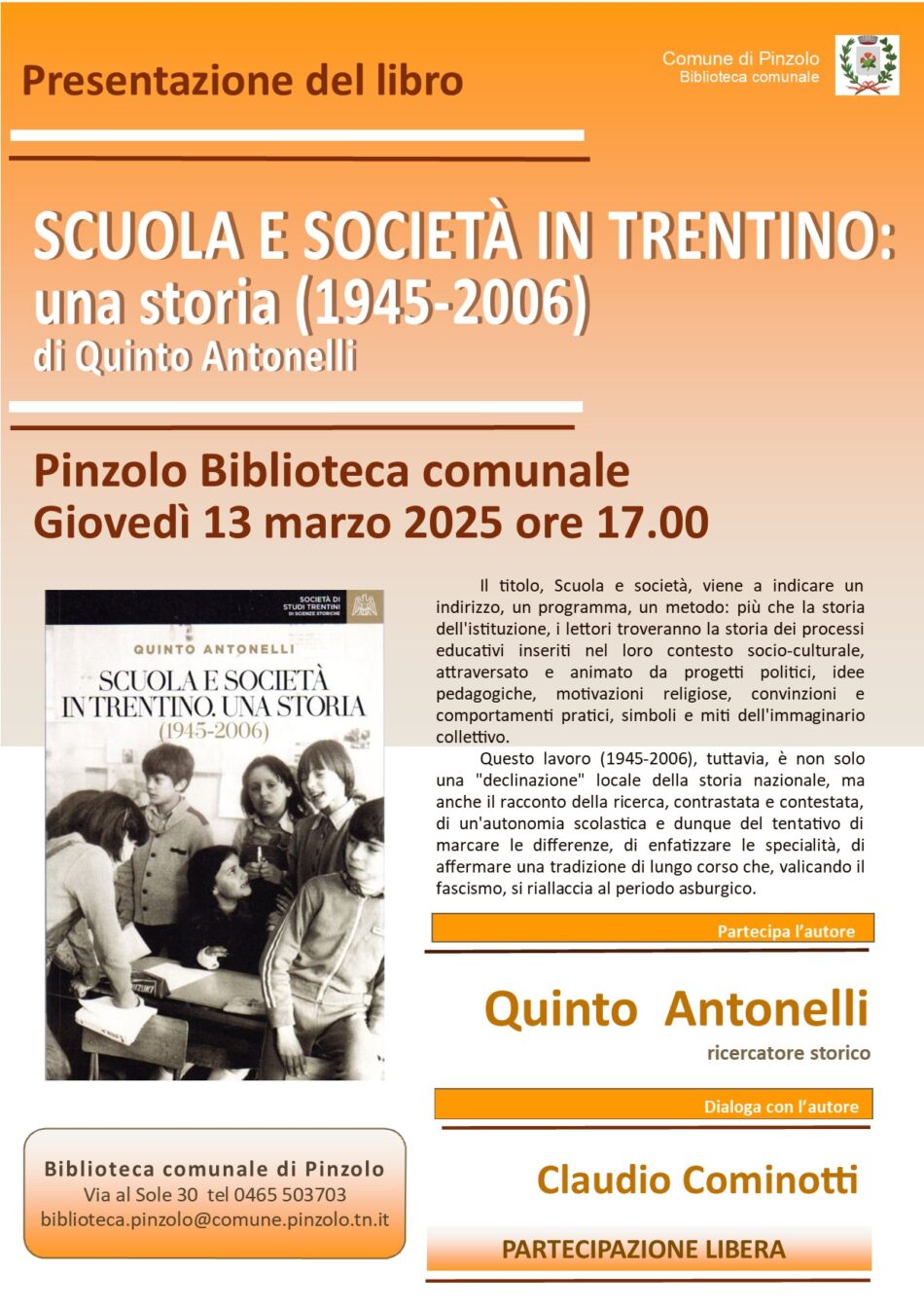 Biblioteca Pinzolo – Giovedì 13 marzo ore 17: Presentazione del libro “Scuola e Società in Trentino: una storia (1945-2006)”