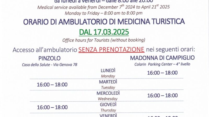 Madonna di Campiglio e Pinzolo: Modifica orari medico turistico stagione invernale 2024/2025