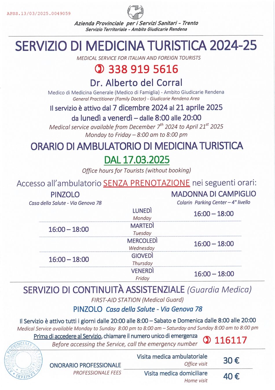 Madonna di Campiglio e Pinzolo: Modifica orari medico turistico stagione invernale 2024/2025