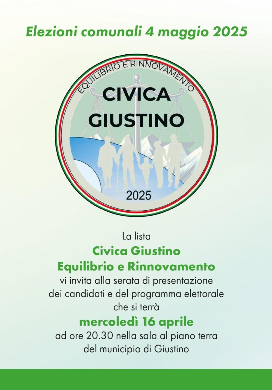 Giustino Mercoledì 16 aprile ore 20.30 – Presentazione dei candidati e del programma elettorale della lista “Civica Giustino Equilibrio e Rinnovamento”