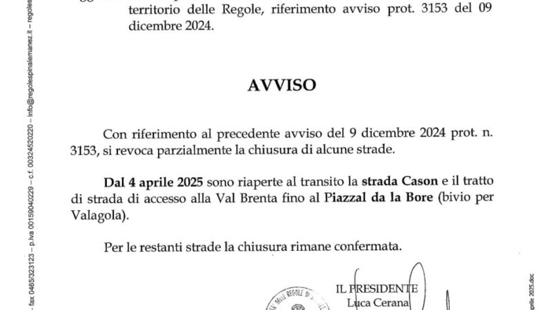 Ordinanza parziale riapertura strade delle Regole Spinale Manez