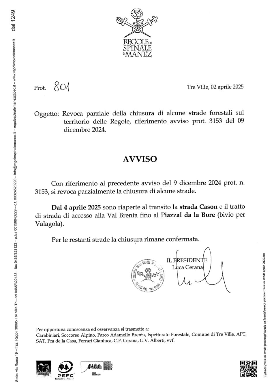 Ordinanza parziale riapertura strade delle Regole Spinale Manez