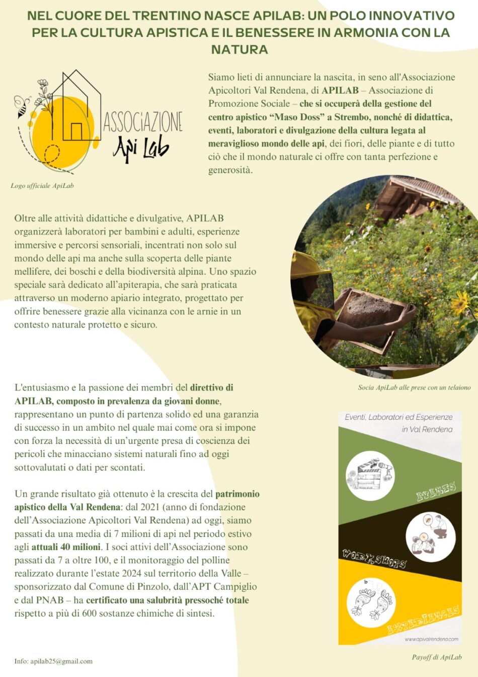 Associazione Apicoltori Val Rendena: nasce APILAB e Linea bianca di Rai1 si occuperà domani dell’Associazione