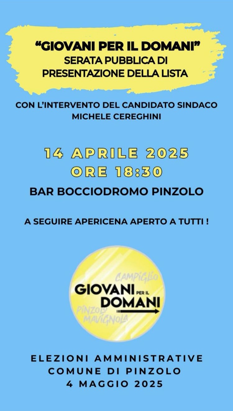 “Giovani per il domani” Bar Bocciodromo 14 aprile ore 18.30