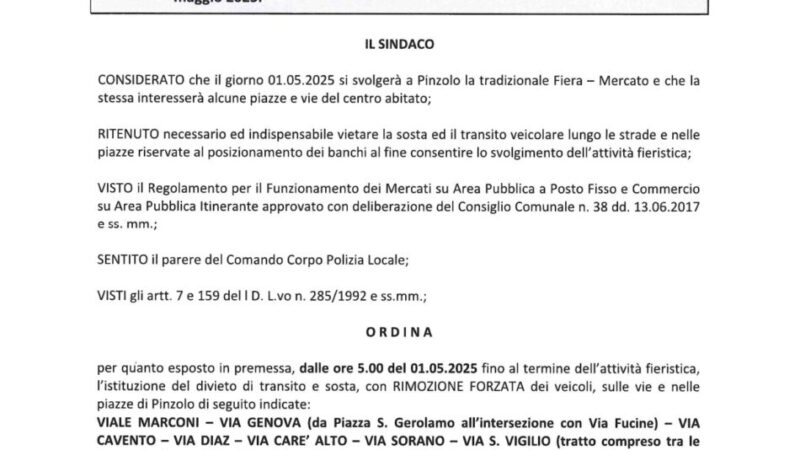 Pinzolo – Disciplina traffico e soste a Pinzolo in occasione della Fiera – Mercato del 1° maggio 2025