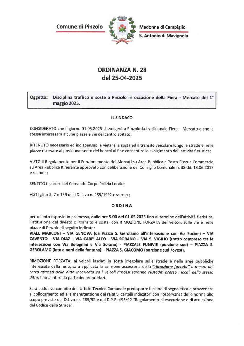 Pinzolo – Disciplina traffico e soste a Pinzolo in occasione della Fiera – Mercato del 1° maggio 2025