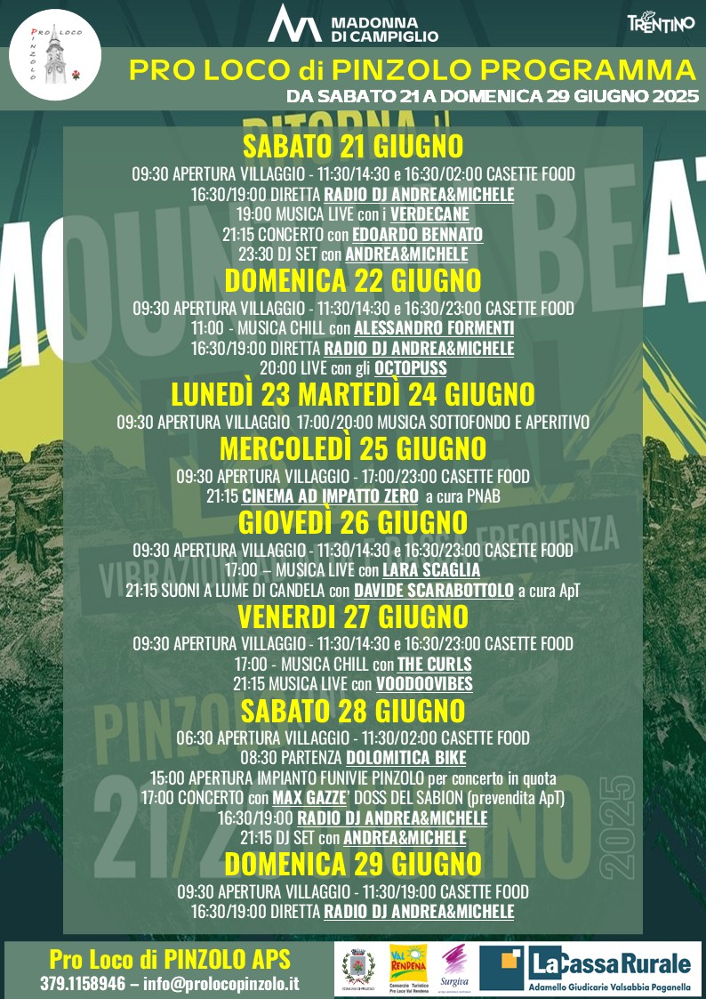 Pinzolo: Programma da sabato 21 a domenica 29 giugno 2025
