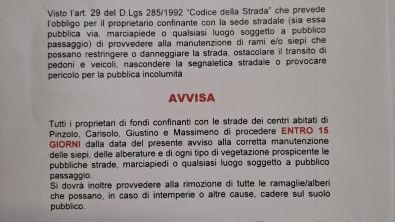 Pinzolo: Avviso Taglio di rami e siepi prospicienti le strade comunali