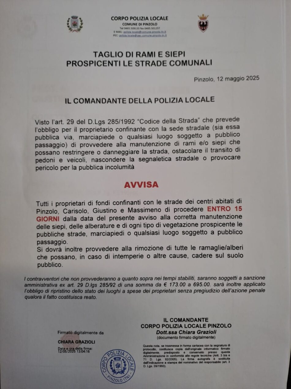 Pinzolo: Avviso Taglio di rami e siepi prospicienti le strade comunali