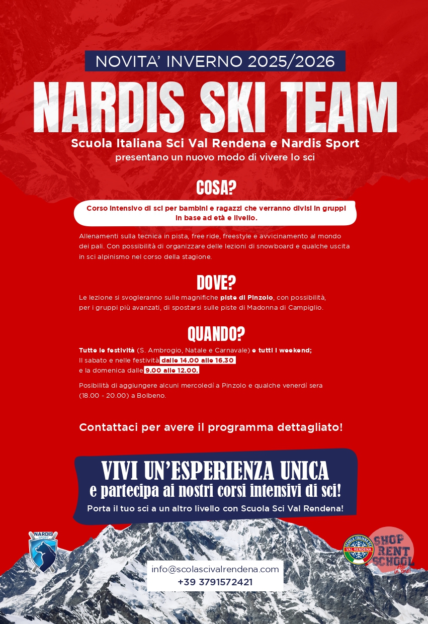 Novità Inverno 2025/26: “Nardis Ski Team” Scuola Italiana Sci Val Rendena e Nardis Sport presentano un nuovo modo di vivere lo sci