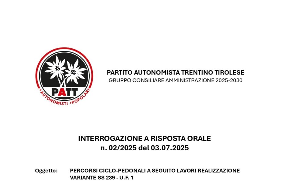 Gruppo consiliare PATT Pinzolo – Interrogazione a risposta orale “Percorsi ciclo-pedonali a seguito realizzazione variante SS 239 – U.F.1”