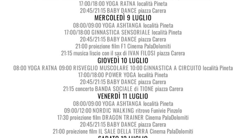 Pro Loco Pinzolo: Programma settimanale da lunedì 7 a domenica 13 luglio 2025