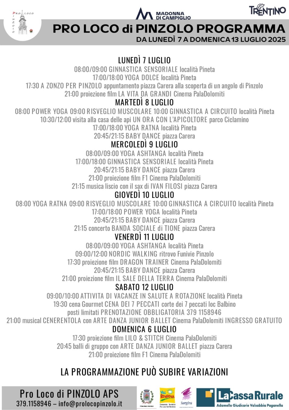 Pro Loco Pinzolo: Programma settimanale da lunedì 7 a domenica 13 luglio 2025