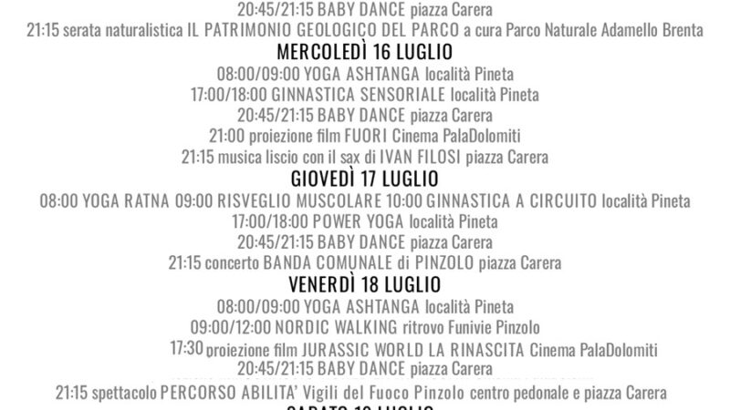 Pro Loco Pinzolo: Programma settimanale da lunedì 14 a domenica 20 luglio 2025