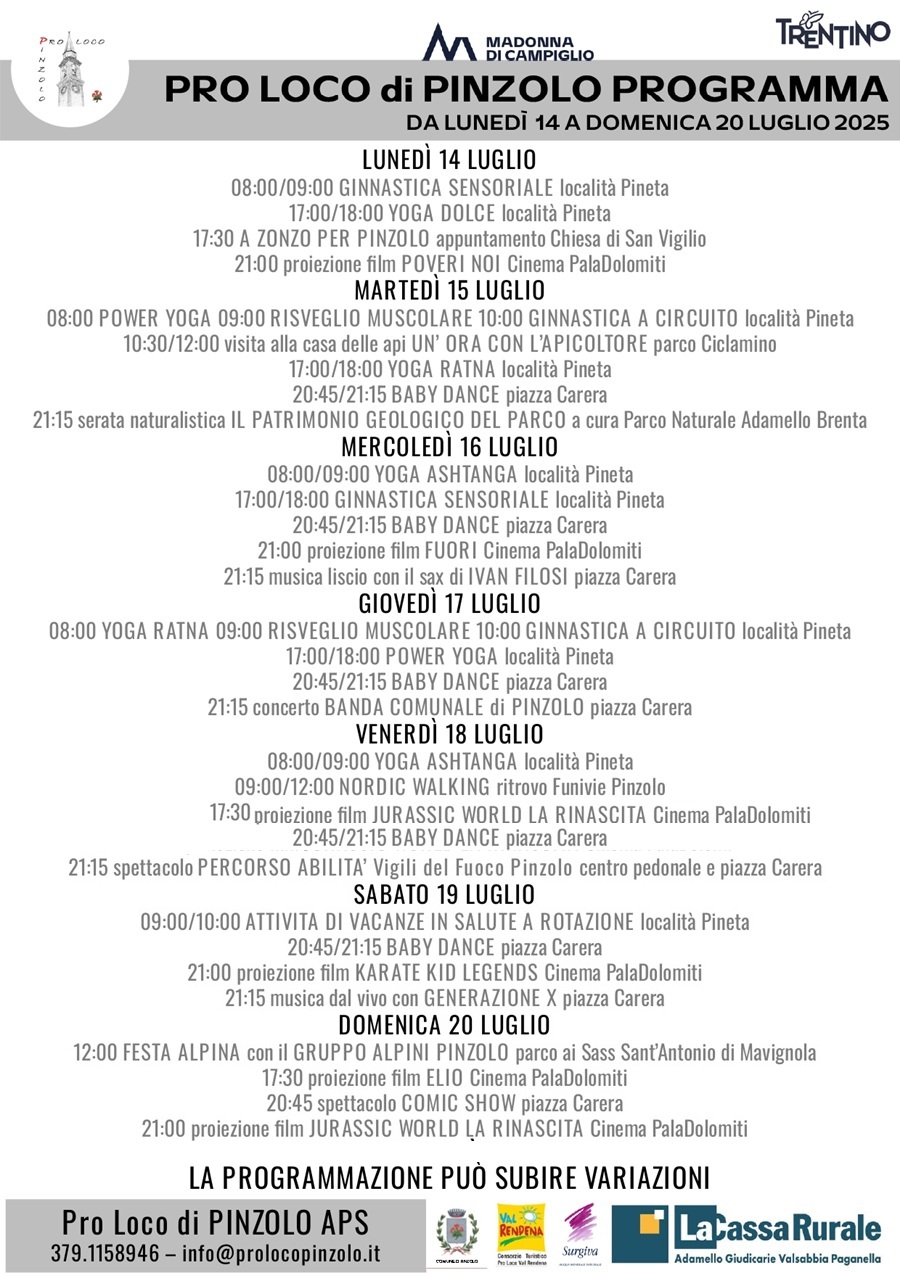 Pro Loco Pinzolo: Programma settimanale da lunedì 14 a domenica 20 luglio 2025
