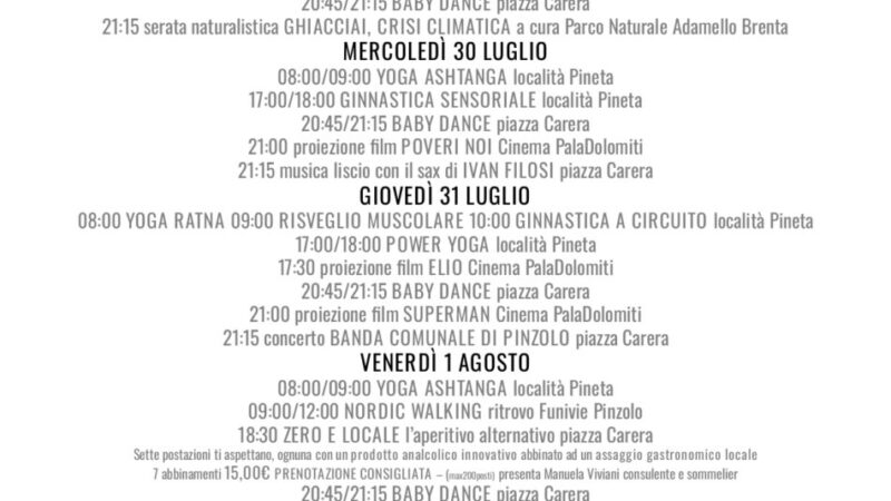 Pro Loco Pinzolo: Programma Settimanale da lunedì 28 luglio a domenica 3 agosto 2025