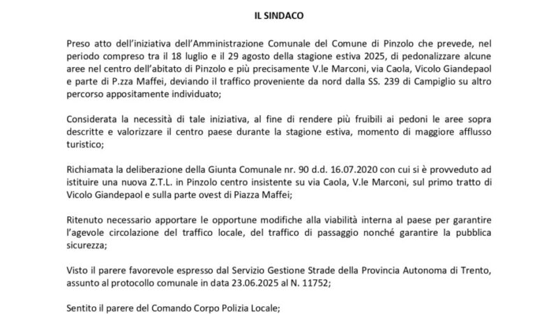 Disciplina traffico nelle vie e piazze di Pinzolo per la deviazione della SS. 239 di  Campiglio e l’istituzione della Z.T.L. temporanea di Pinzolo centro, estate 2025