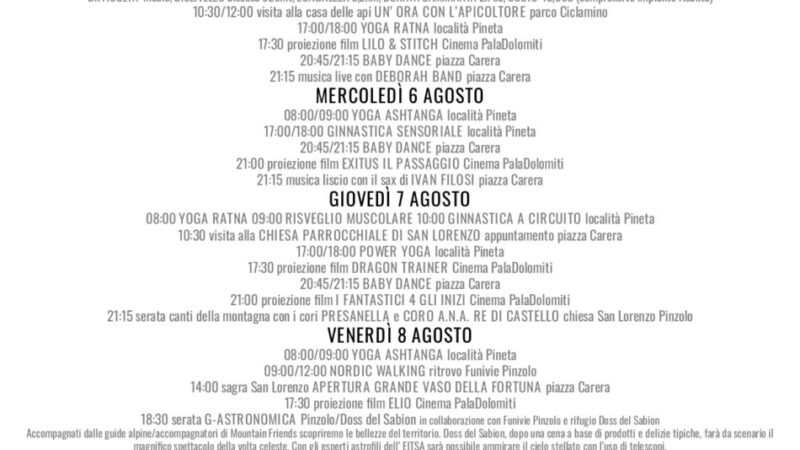 Pro Loco Pinzolo: Programma Settimanale da lunedì 4 a domenica 10 agosto 2025