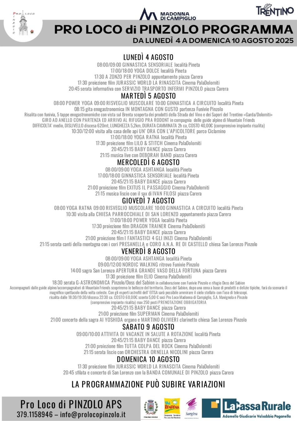 Pro Loco Pinzolo: Programma Settimanale da lunedì 4 a domenica 10 agosto 2025