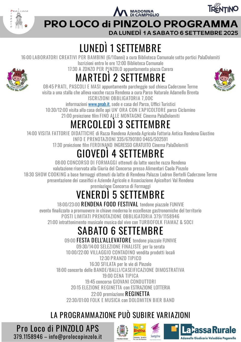 Pro Loco Pinzolo: Programma Settimanale da lunedì 1 a sabato 6 settembre 2025