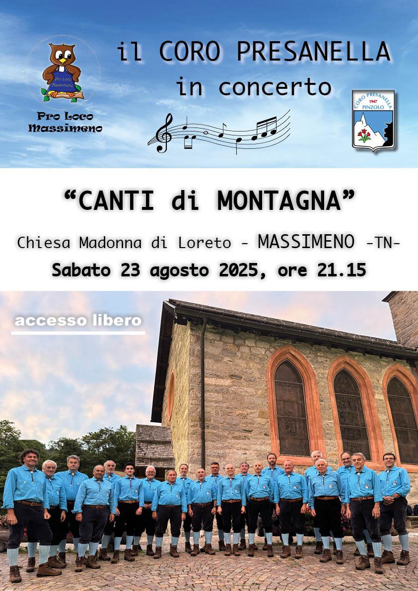 Massimeno: Sabato 23 agosto ore 21.15 “CANTI DI MONTAGNA” con il coro Presanella
