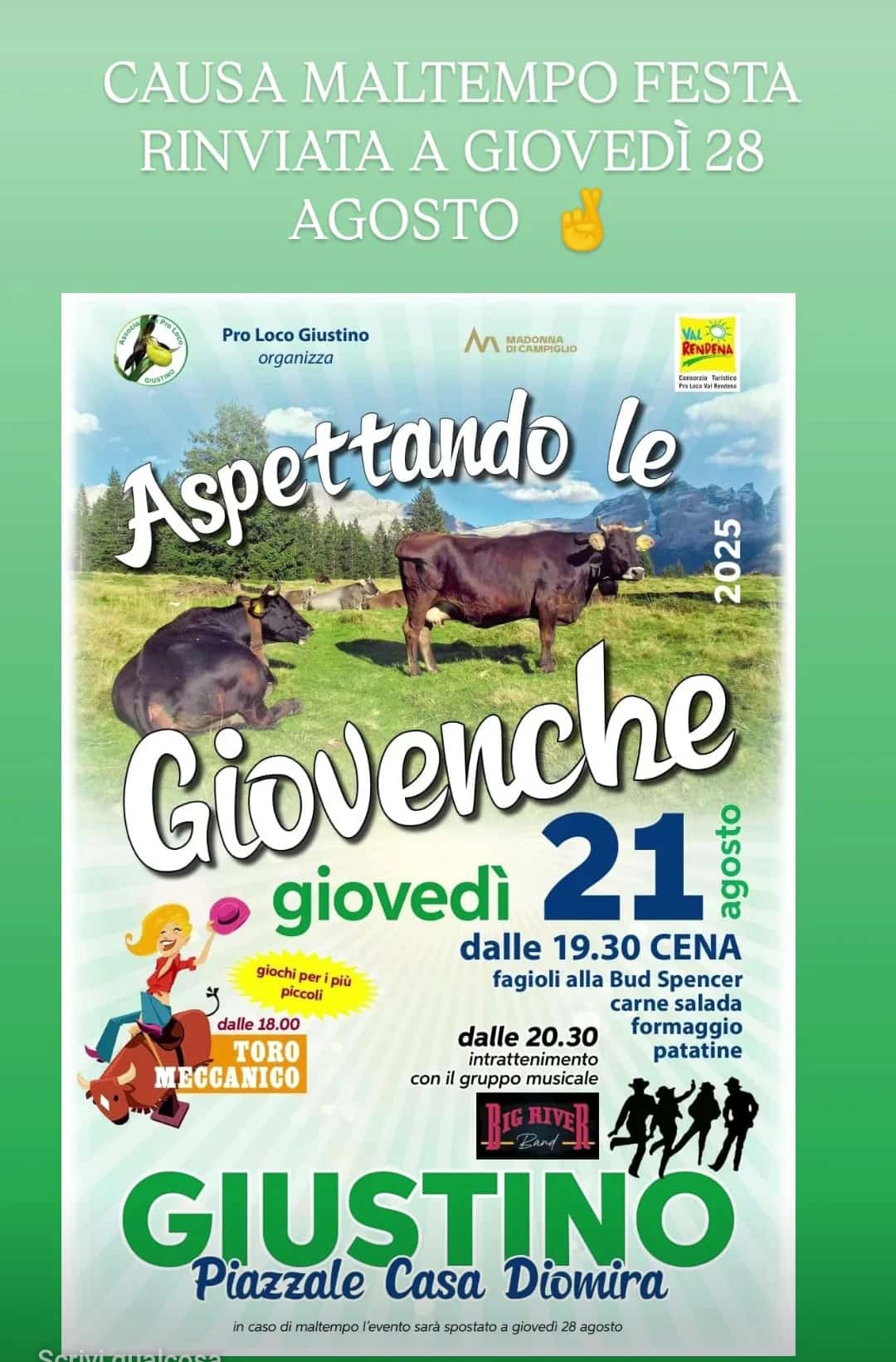 Giustino “Aspettando Giovenche” Rinviata a Giovedì  28 agosto