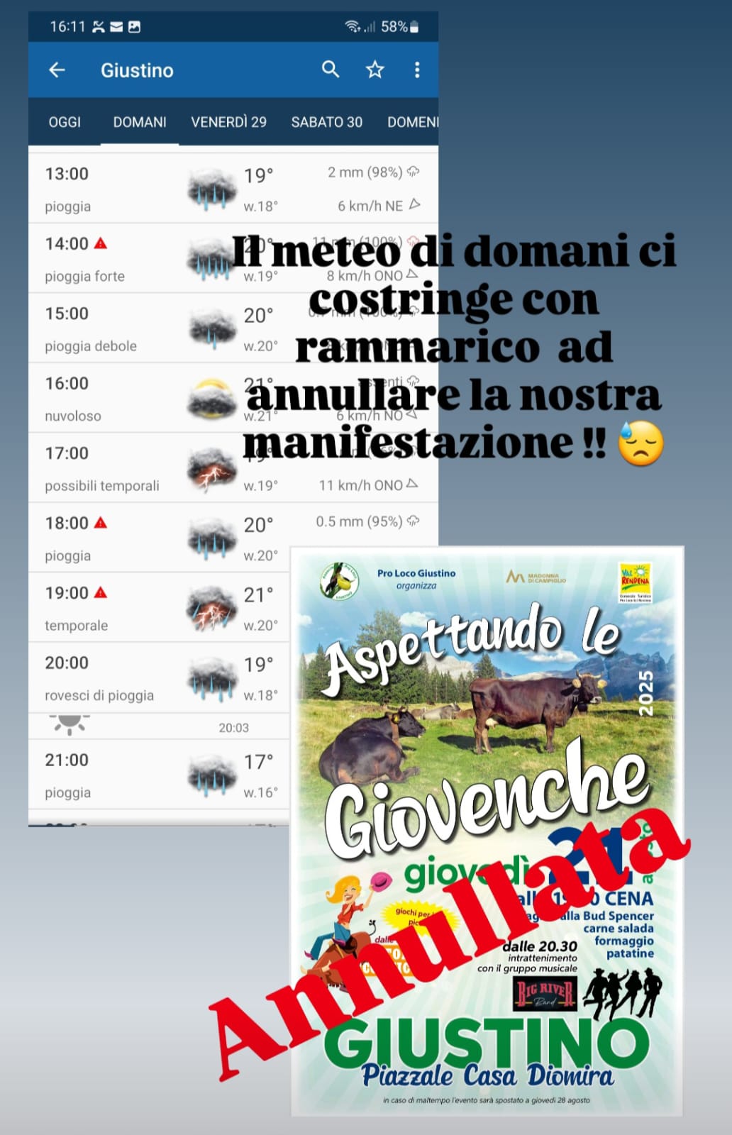 Giustino Giovedì 28 agosto “Aspettando Giovenche”: il meteo costringe ad annullare la manifestazione