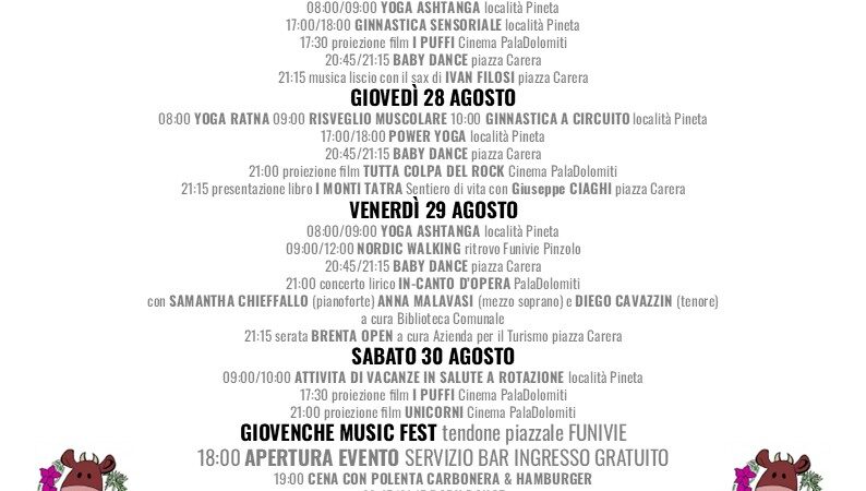 Pro Loco Pinzolo: Programma Settimanale da lunedì 25 a domenica 31 agosto 2025