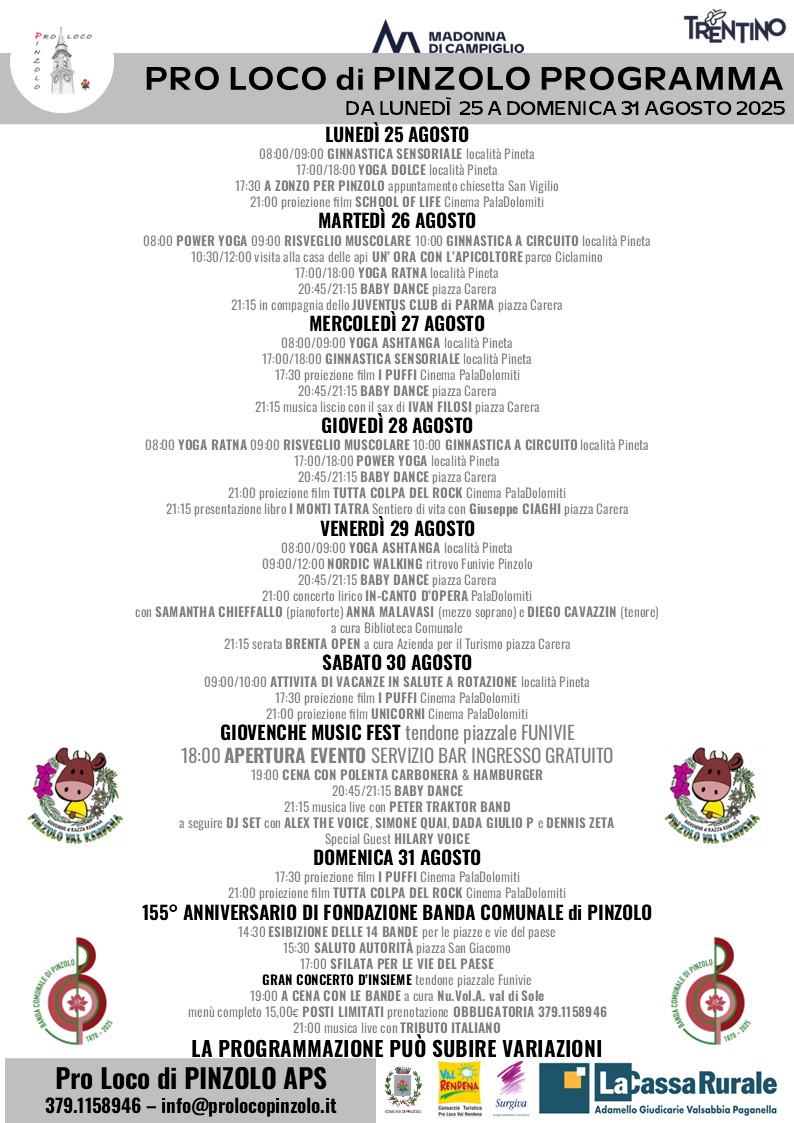 Pro Loco Pinzolo: Programma Settimanale da lunedì 25 a domenica 31 agosto 2025