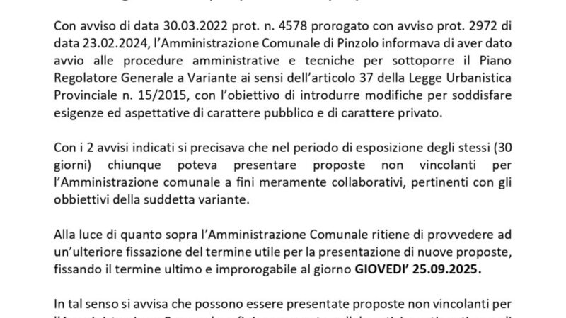 Pinzolo: Variante al Piano Regolatore Generale – 2^ Proroga per presentare proposte non vincolanti