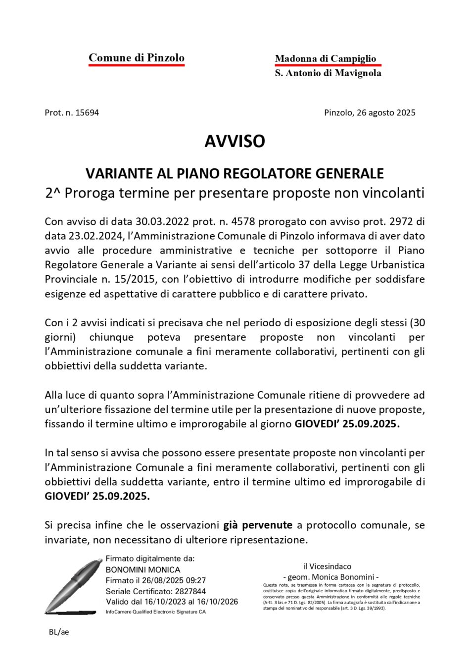 Pinzolo: Variante al Piano Regolatore Generale – 2^ Proroga per presentare proposte non vincolanti