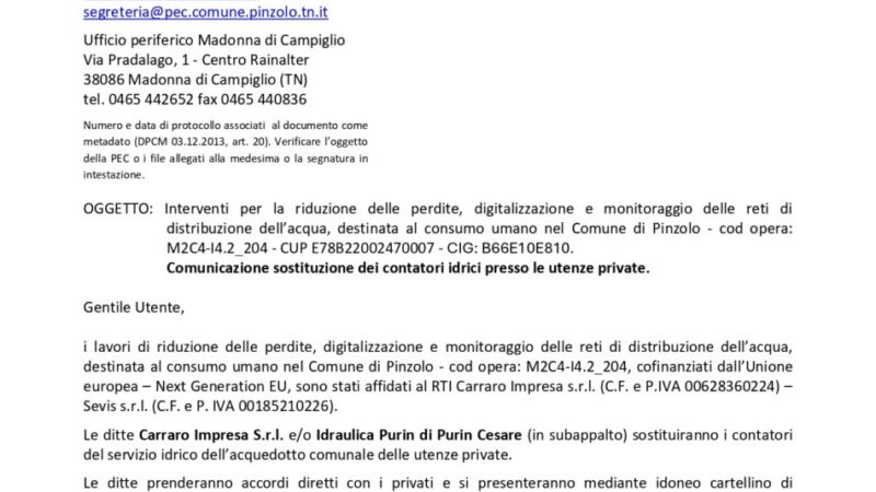 Comune di Pinzolo: Avviso Sostituzione contatori