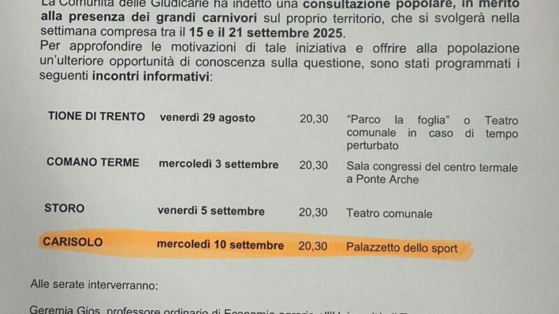 Consultazione GRANDI CARNIVORI – Incontri con la popolazione: Carisolo Mercoledì 10 settembre ore 20.30