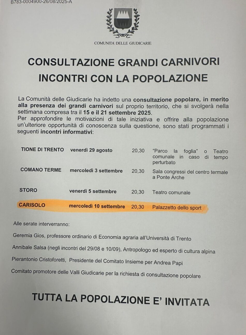 Consultazione GRANDI CARNIVORI – Incontri con la popolazione: Carisolo Mercoledì 10 settembre ore 20.30