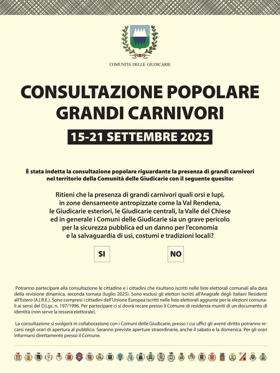 Comune di Massimeno: “CONSULTAZIONE POPOLARE – GRANDI CARNIVORI” 15–21 settembre 2025