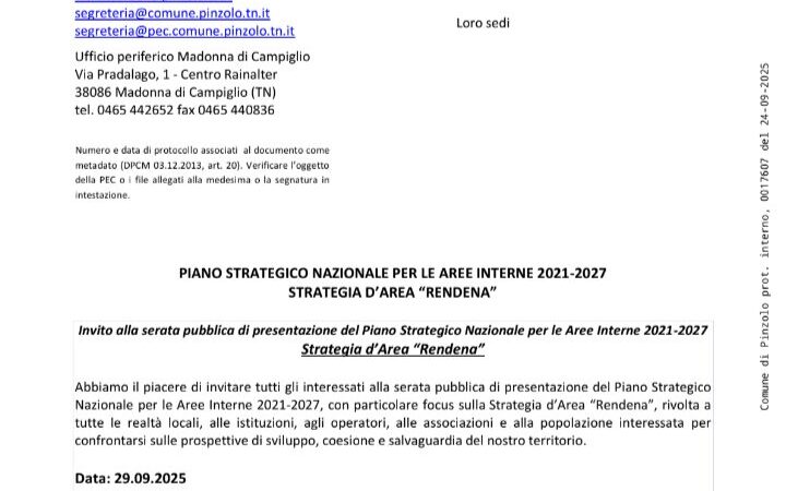 Pinzolo Paladolomiti Lunedì 29 settembre Serata pubblica “Strategia d’Area Rendena”