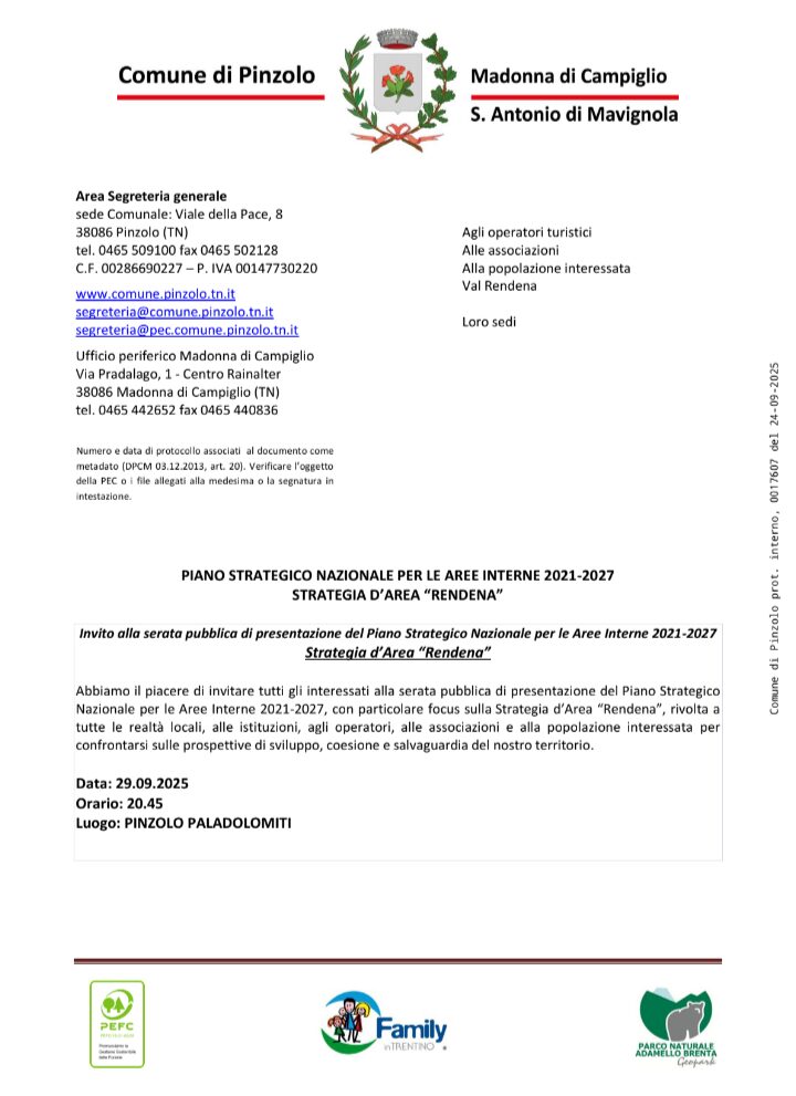 Pinzolo Paladolomiti Lunedì 29 settembre Serata pubblica “Strategia d’Area Rendena”