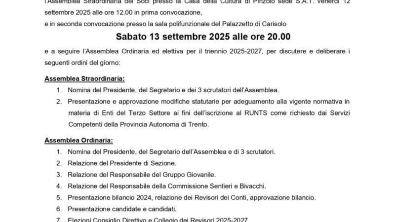 Sabato 13 settembre ore 20 – CONVOCAZIONE ASSEMBLEA STRAORDINARIA E ASSEMBLEA ORDINARIA DEI SOCI