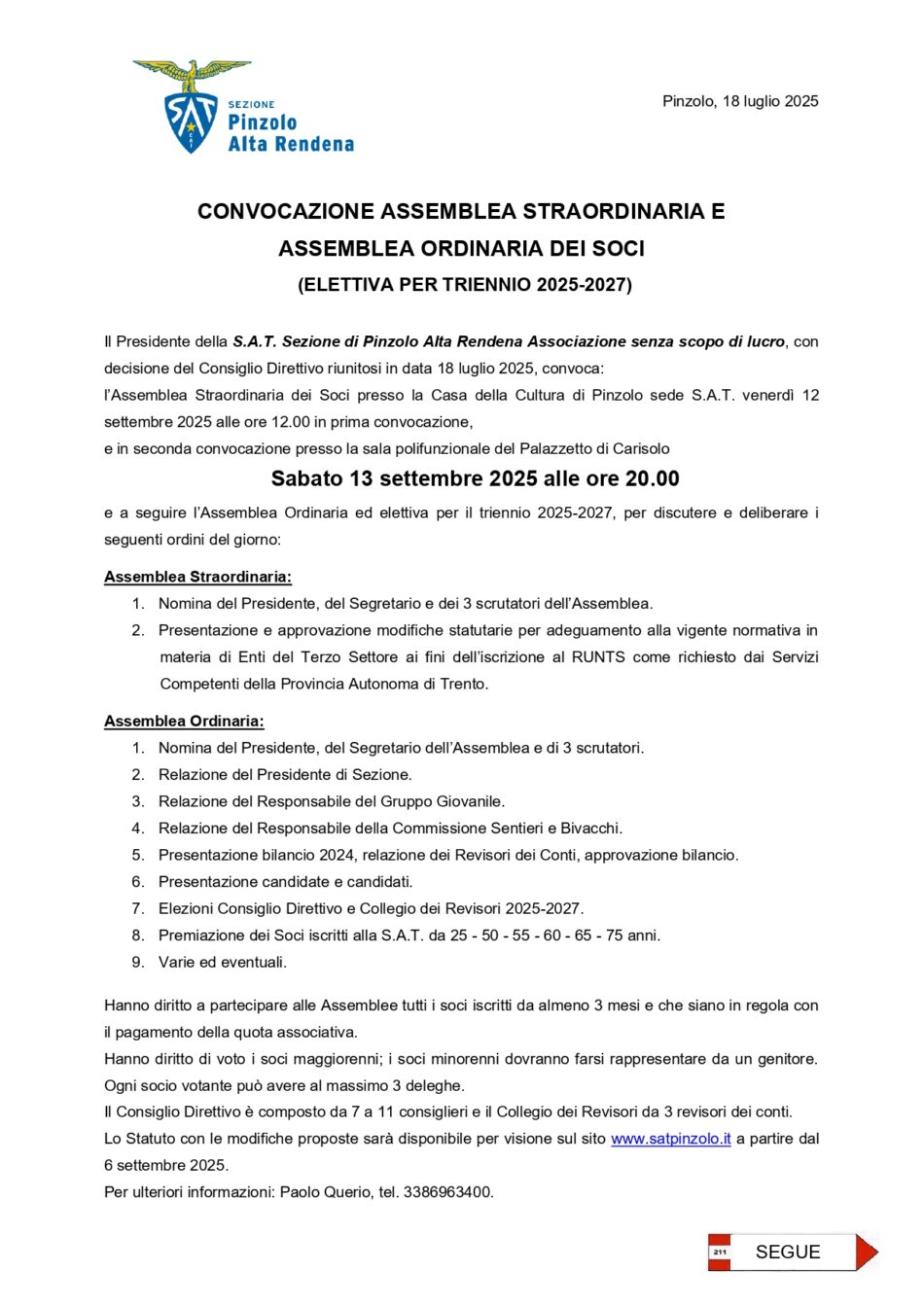 Sabato 13 settembre ore 20 – CONVOCAZIONE ASSEMBLEA STRAORDINARIA E ASSEMBLEA ORDINARIA DEI SOCI