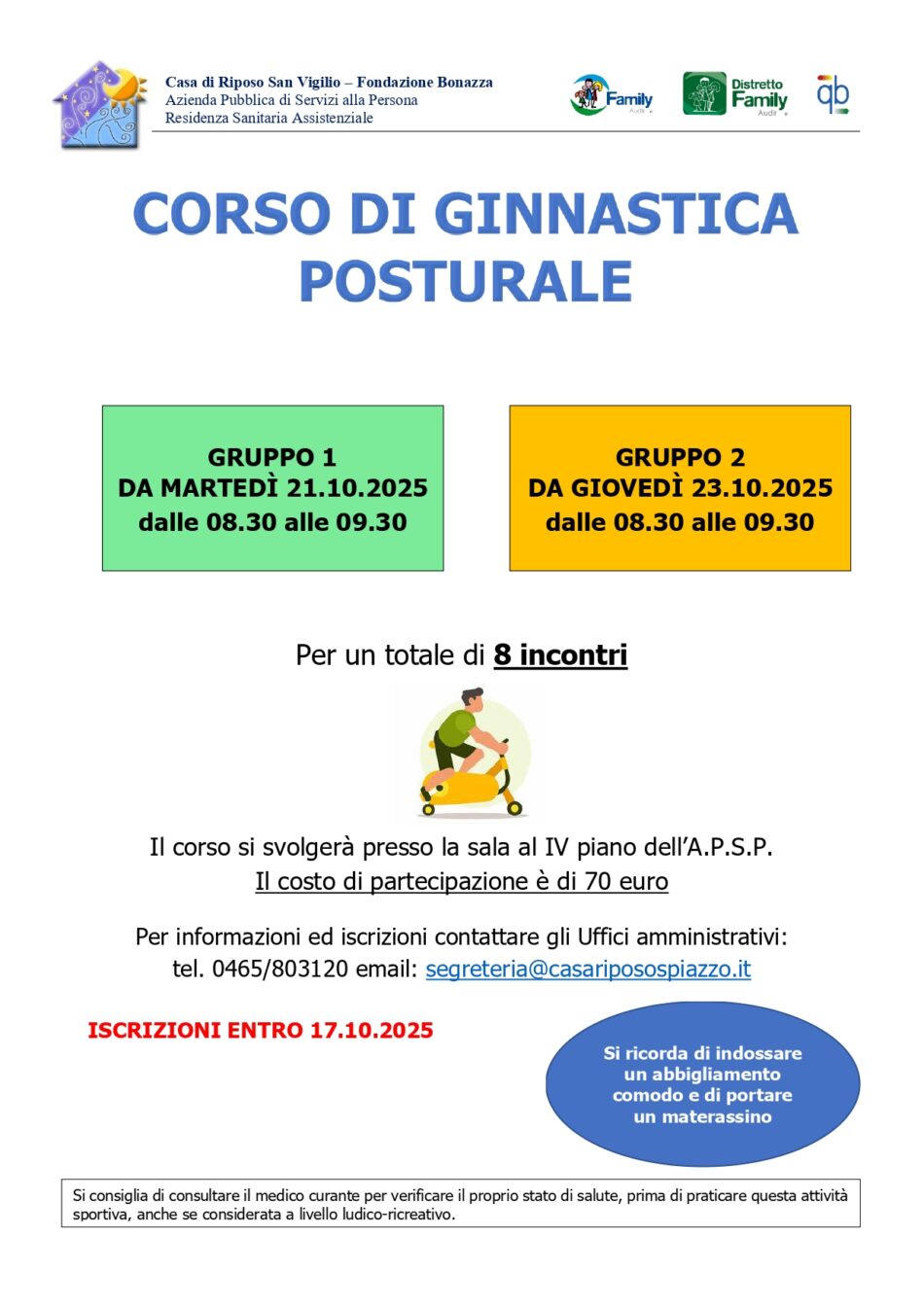 RIPRENDONO A SPIAZZO I CORSI DI GINNASTICA POSTURALE. ISCRIZIONI APERTE