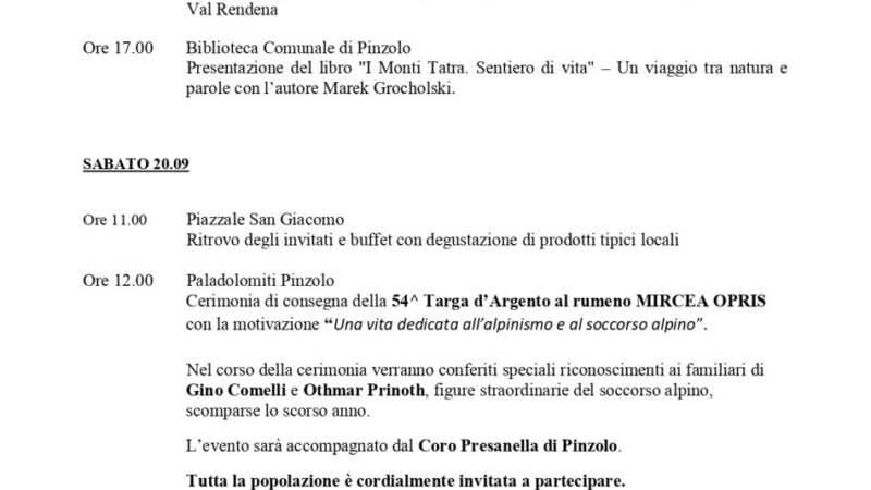 54ma Targa d’Argento – Pinzolo 20 settembre 2025 PROGRAMMA  54^ EDIZIONE