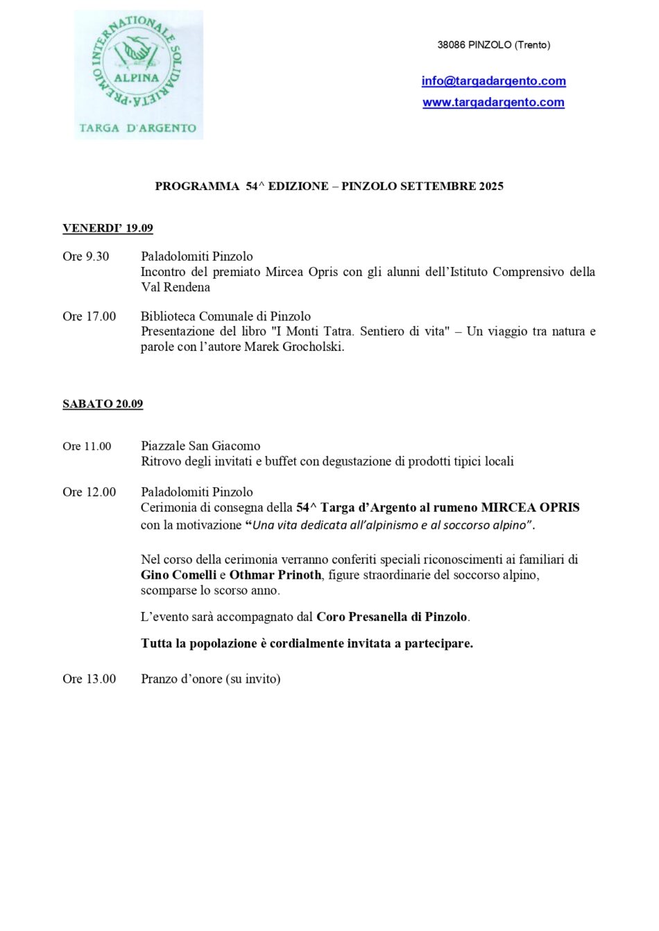 54ma Targa d’Argento – Pinzolo 20 settembre 2025 PROGRAMMA  54^ EDIZIONE