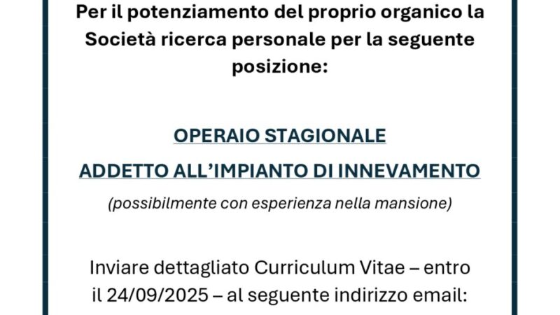 Funivie Pinzolo: Annuncio ricerca personale – operaio stagionale addetto all’impianto di innevamento
