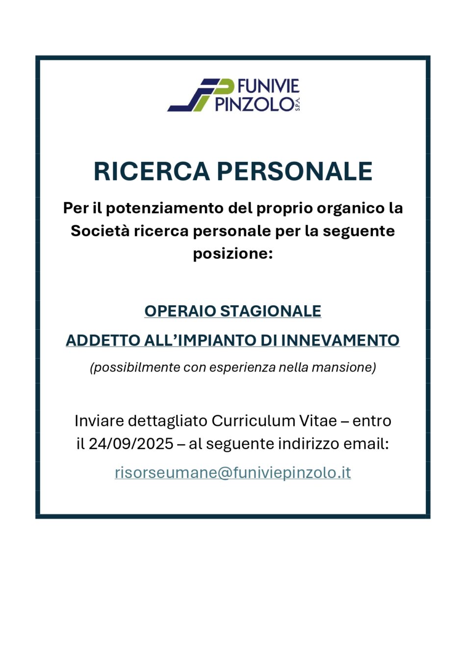 Funivie Pinzolo: Annuncio ricerca personale – operaio stagionale addetto all’impianto di innevamento