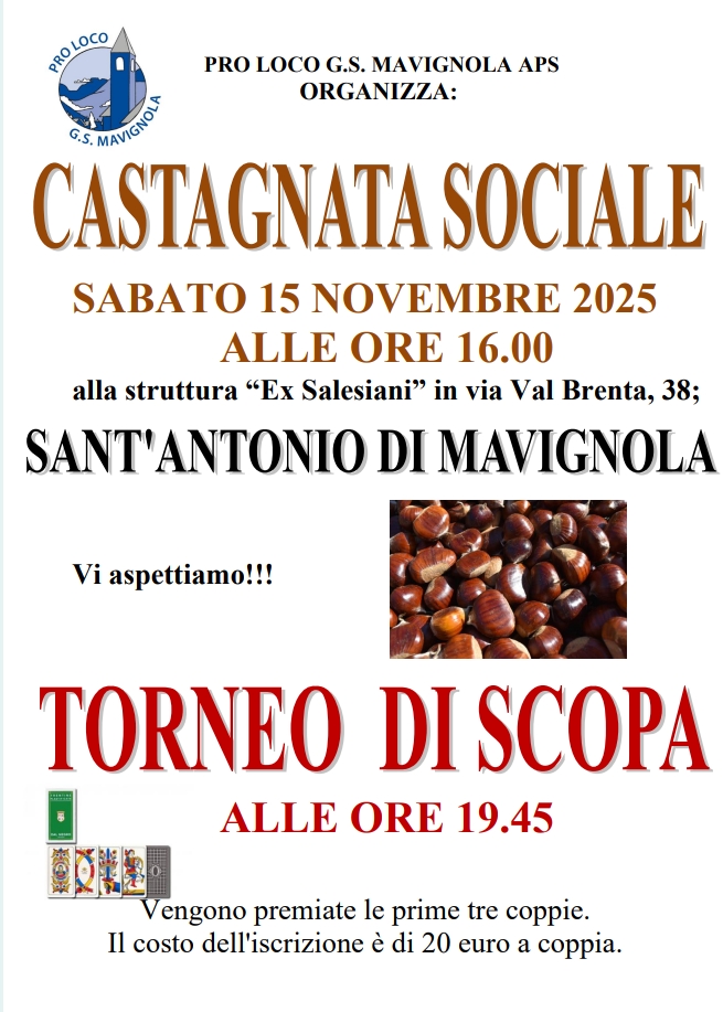 Mavignola Sabato 15 novembre “Castagnata sociale e Torneo di Briscola